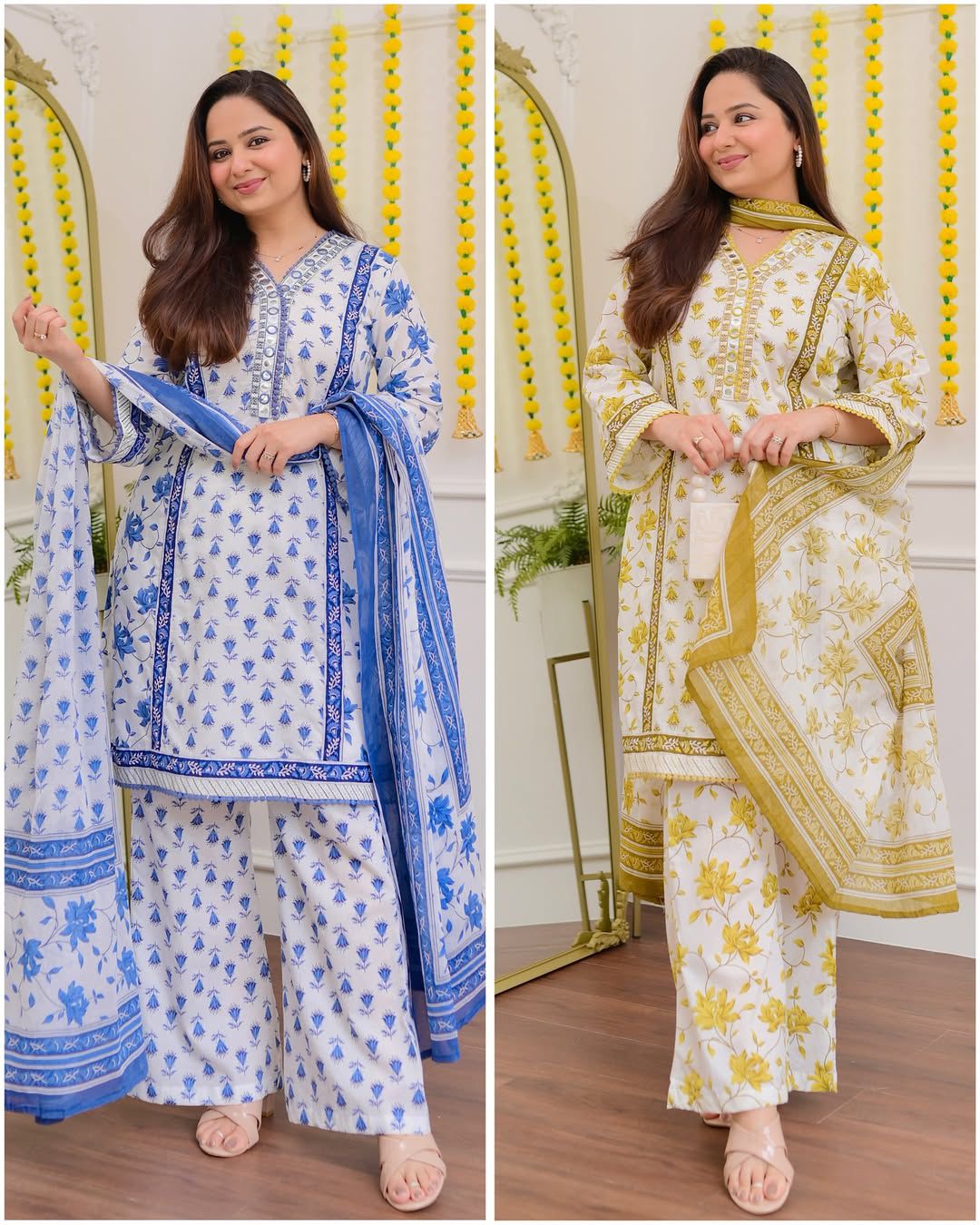 Blue / Yellow Floral Doller Work Cotton Suit