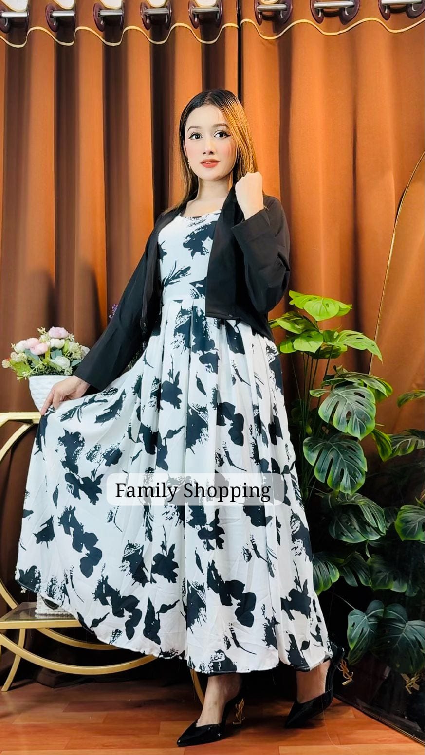 Dubai Cherry Fabrics, Gown With Koti (White & black)