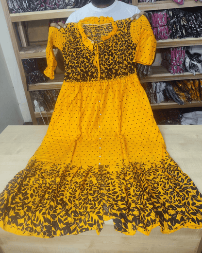 চায়না সফ্ট লিলেন কাপরের ওয়ান পিছ গাউন-(বাসন্তী কালার)