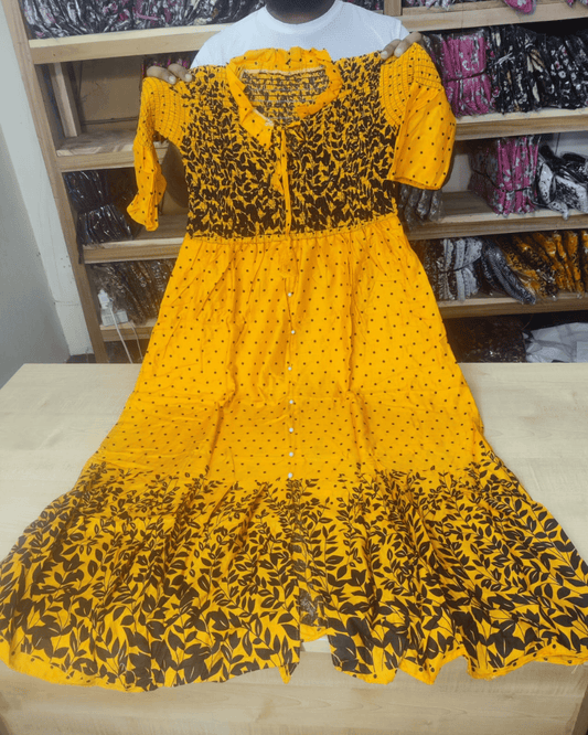 চায়না সফ্ট লিলেন কাপরের ওয়ান পিছ গাউন-(বাসন্তী কালার)