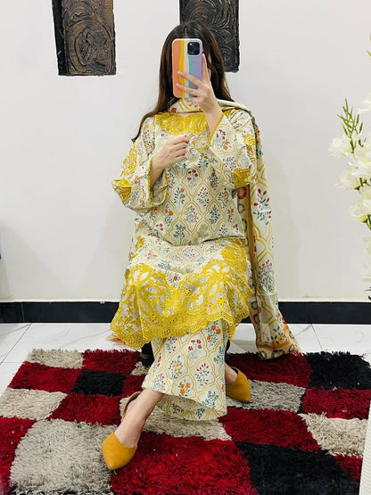 ✨Elegant Floral 3-Piece Suit with Beautiful Cutwork Embroidery✨