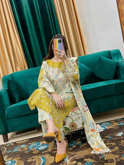 ✨Elegant Floral 3-Piece Suit with Beautiful Cutwork Embroidery✨