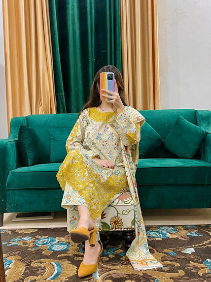 ✨Elegant Floral 3-Piece Suit with Beautiful Cutwork Embroidery✨