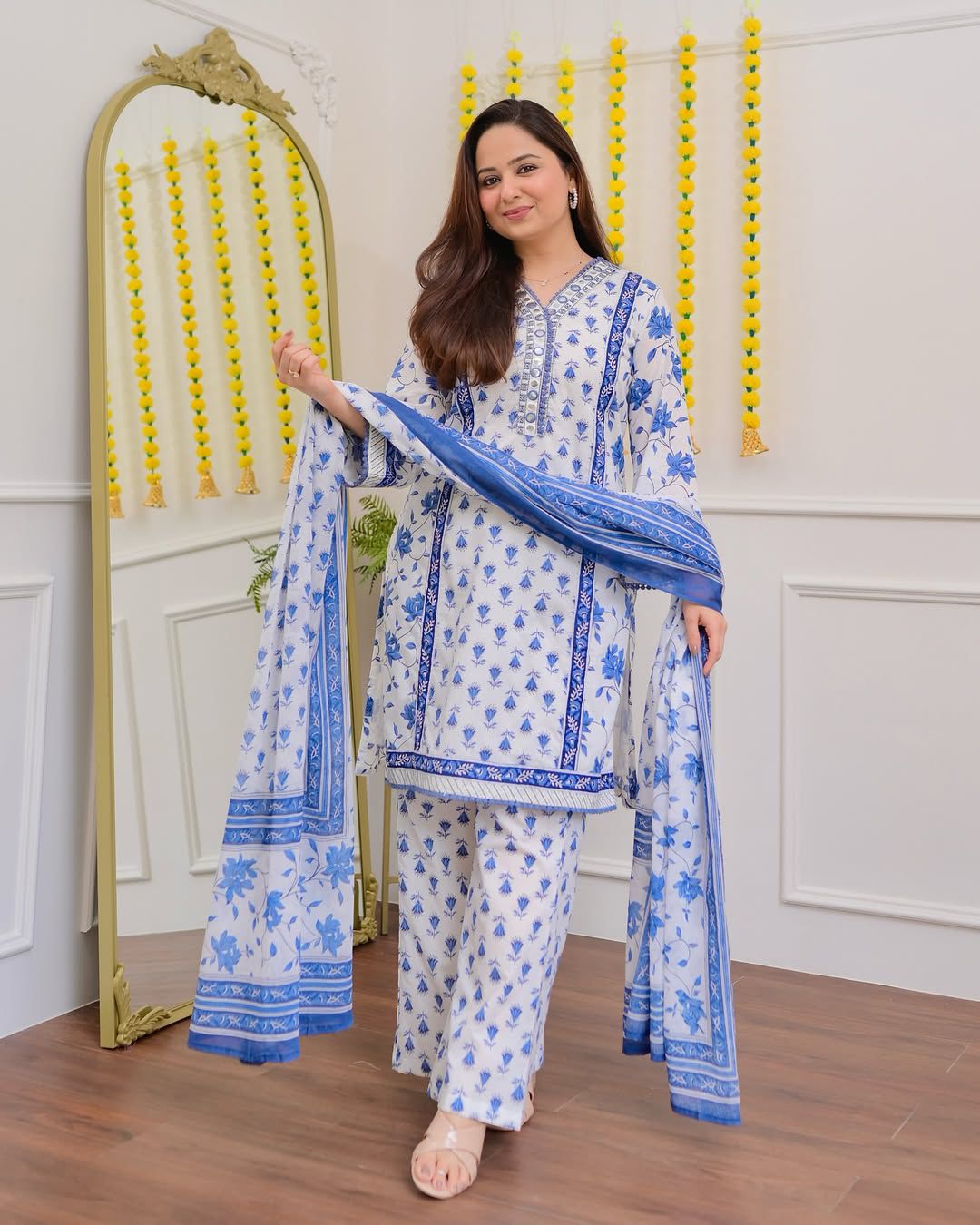 Blue / Yellow Floral Doller Work Cotton Suit
