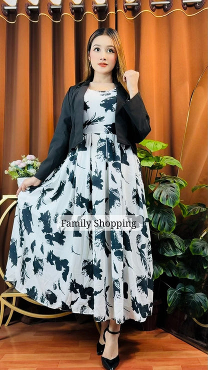 Dubai Cherry Fabrics, Gown With Koti (White & black)