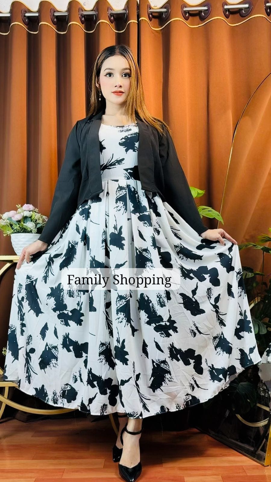 Dubai Cherry Fabrics, Gown With Koti (White & black)