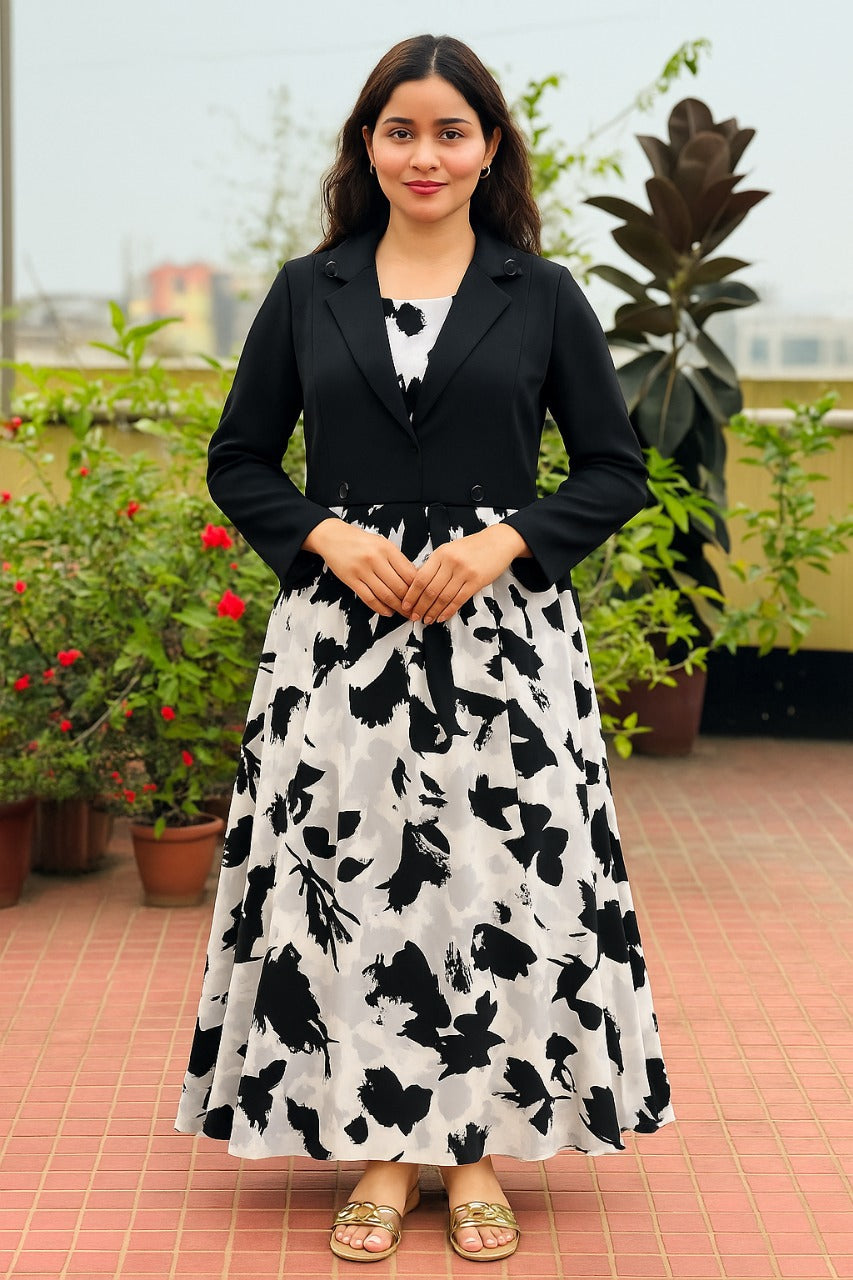 Dubai Cherry Fabrics, Gown With Koti (White and black)