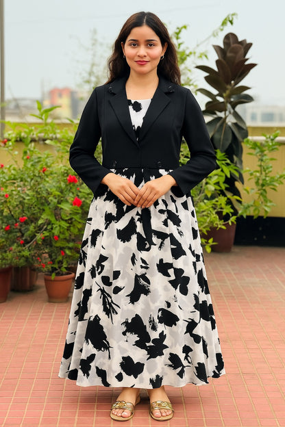 Dubai Cherry Fabrics, Gown With Koti (White and black)