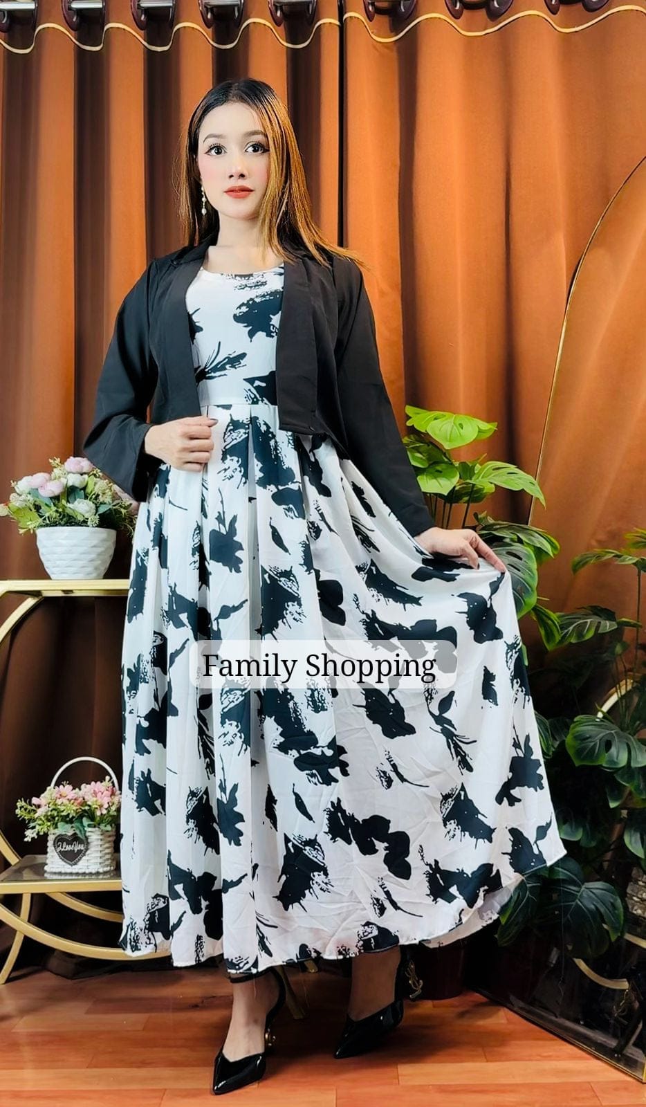 Dubai Cherry Fabrics, Gown With Koti (White & black)